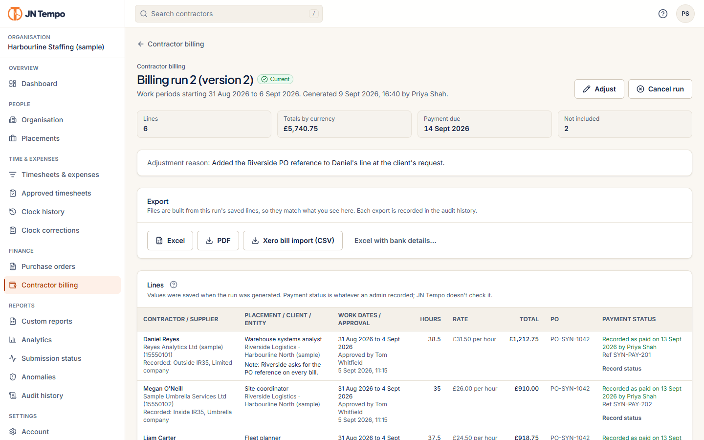 Billing run for sample contractors with totals by currency, payment due date, export buttons and lines showing approved hours, rates and PO numbers.