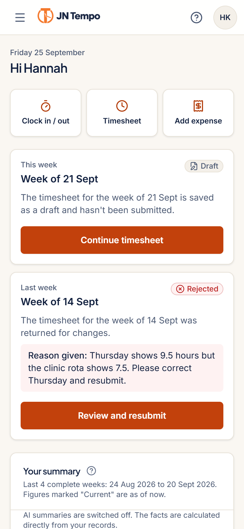 Contractor home screen on a phone showing the current week and a submit button, with sample data.