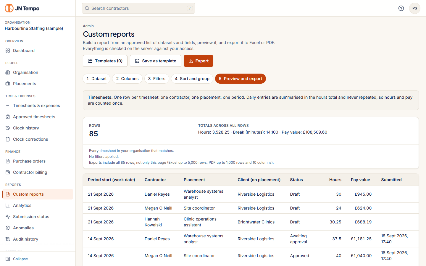 Custom report preview for sample timesheets showing the row definition, totals across all rows and the first rows of the table.