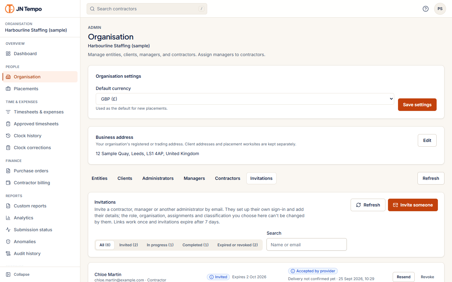 Invitations tab listing sample invitations with their onboarding state, email delivery status and resend and revoke actions.