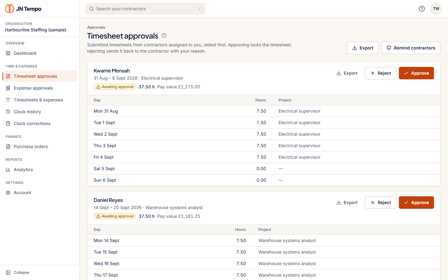 Manager timesheet queue with sample submitted timesheets and approve and reject actions.